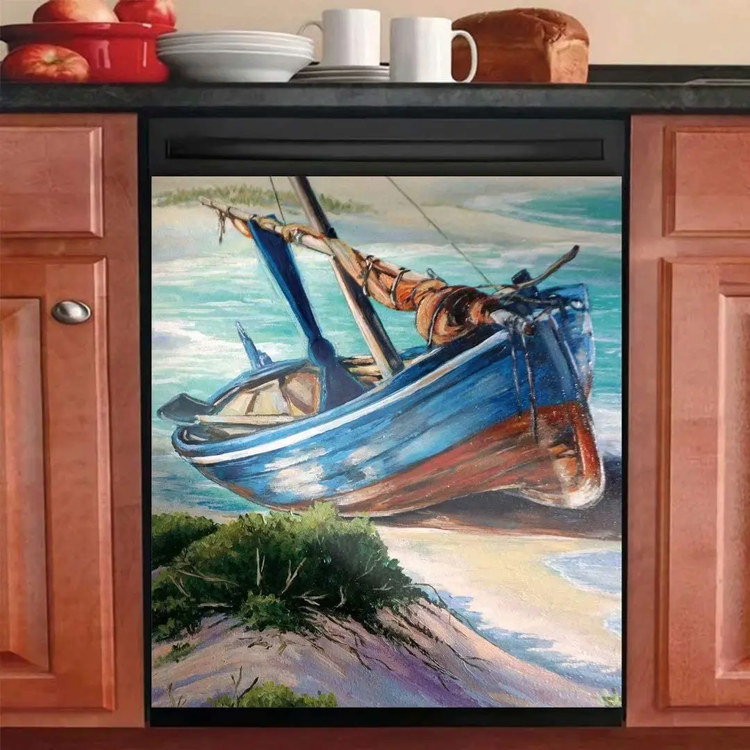 

Dishwasher Door Cover Magnetic Sticker,Decorative Panel Decal for Washer,Refrigerator,for Kitchen DecorBeach and Boat (23 W x 2