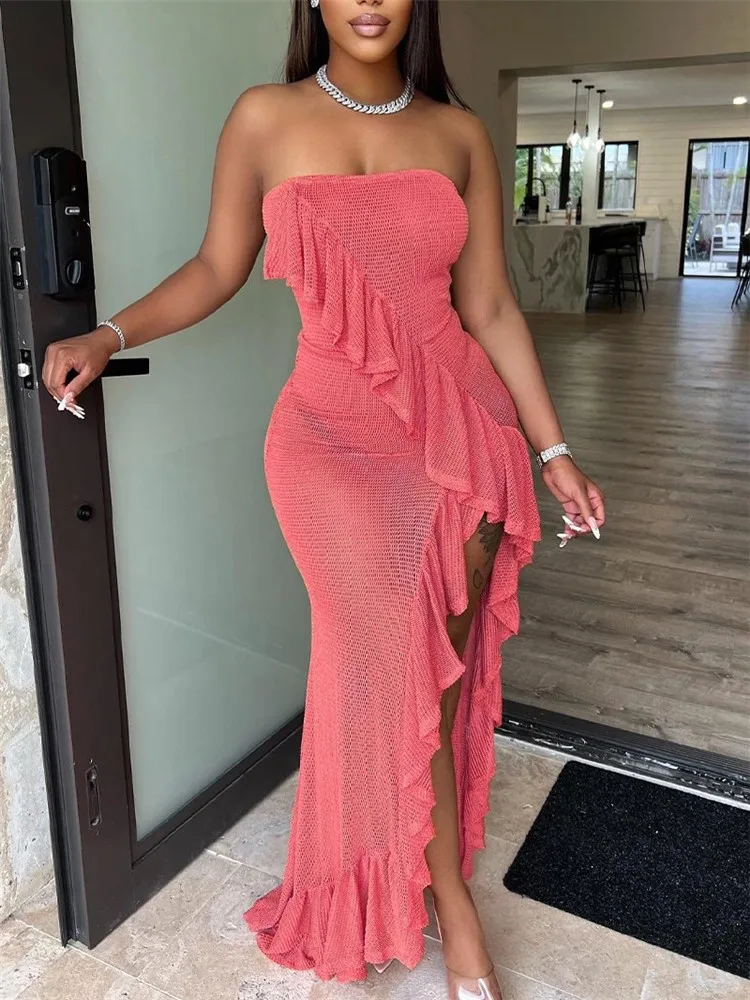 

Bandeau Ruffle Hem High Slit Dress