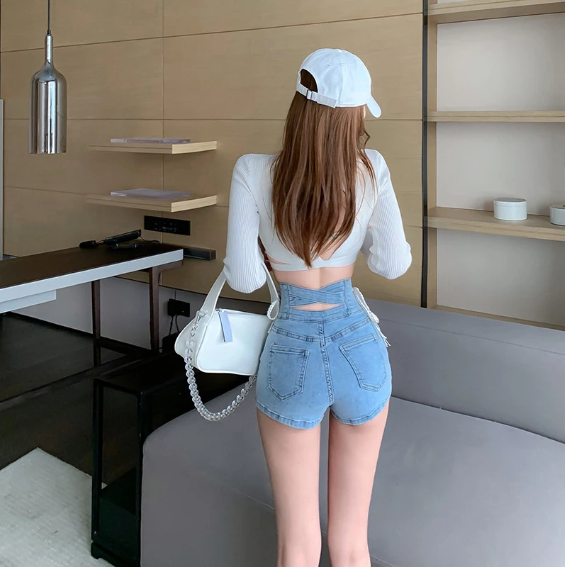 2021 Summer Hollow Out Quality High Waist Tight Female Elastic Short Jeans Sexy Denim Shorts New Women's Slim Fit Shorts Bandage