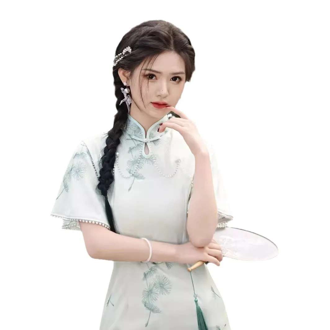 Новинка на весну и лето повседневное китайское платье Qipao с кружевной вышивкой