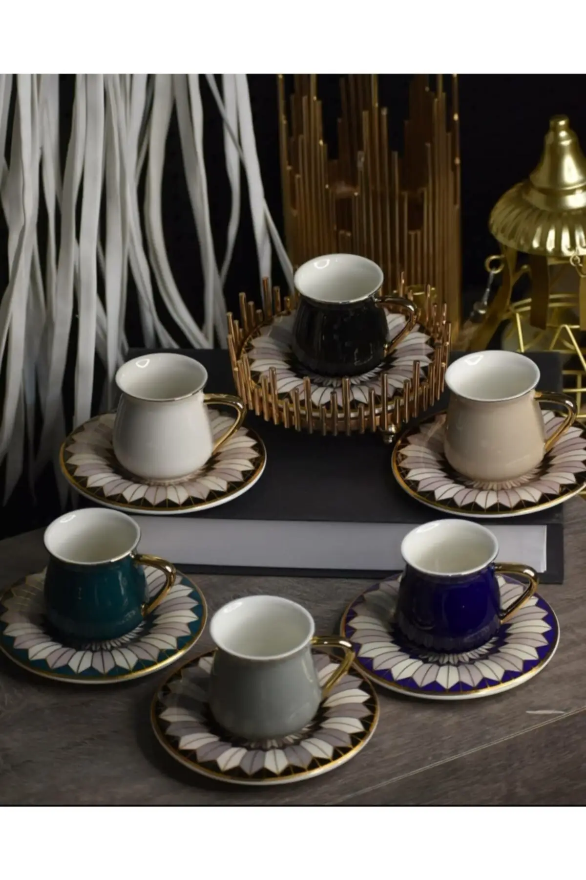 

Amazing Turkish Greek Arabic Coffee & Espresso Cup Set Porcelain Colorful Gilded Daisy Coffee Cup Set for 6