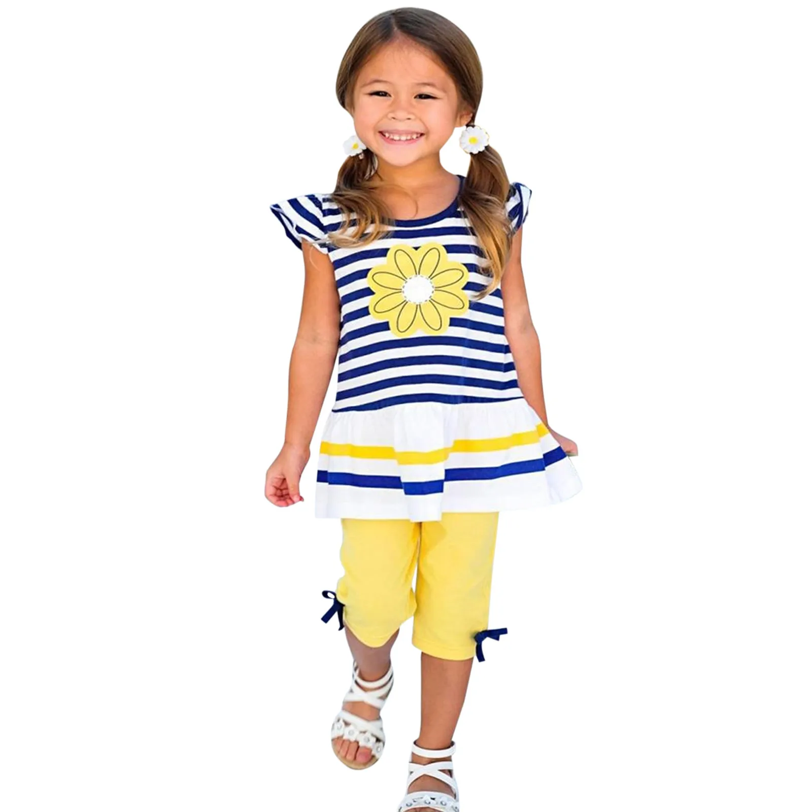 

2PCS Striped Girls Pants Kids Daisy Tops T Toddler Summer Outfits 1-8Y Sunflower Shirt Leggings Set Clothes Girl Outfits Teens