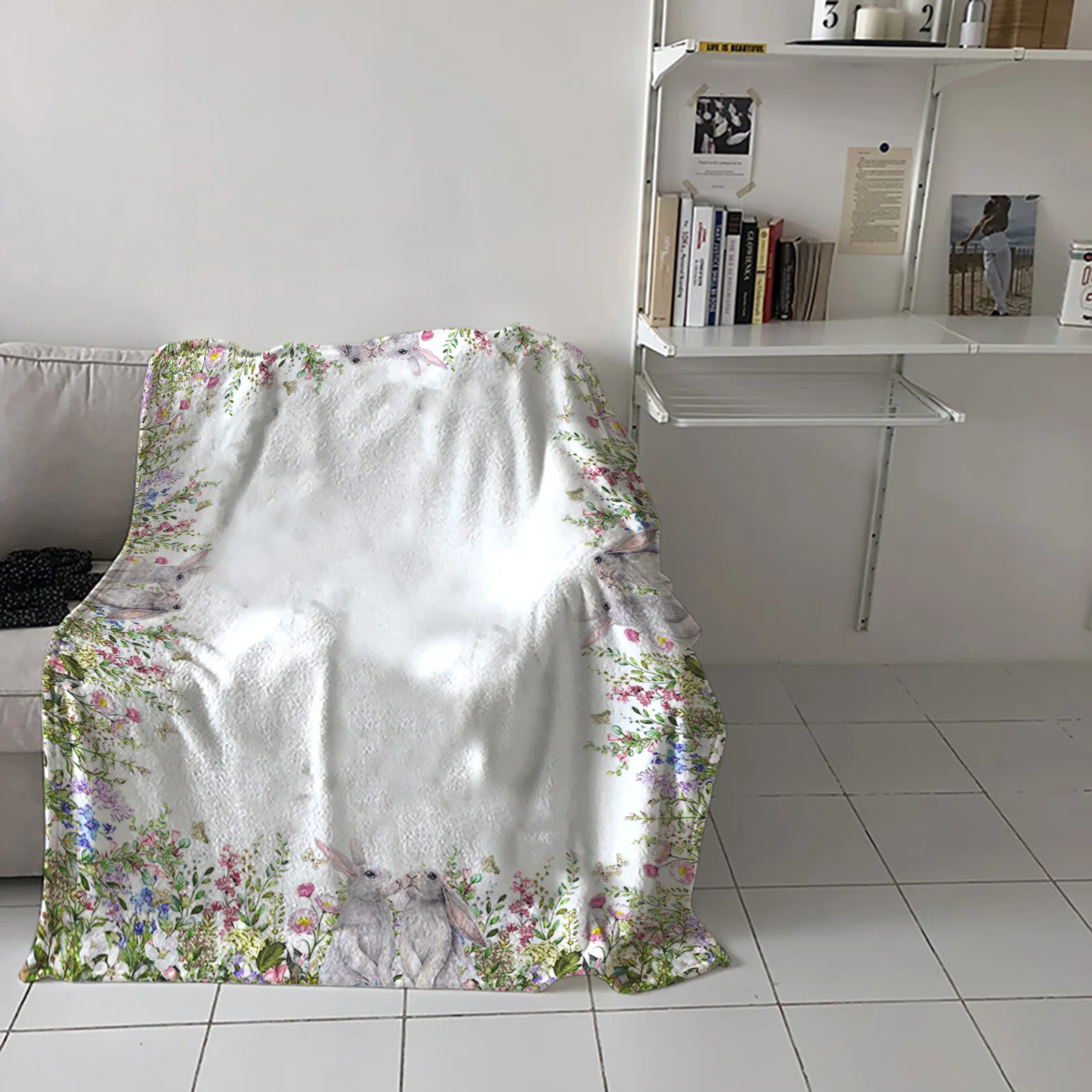 

Easter Watercolor Plants Bunny Throw Blanket for Sofa Bed Soft Microfiber Flannel Blanket for Travelling Camping