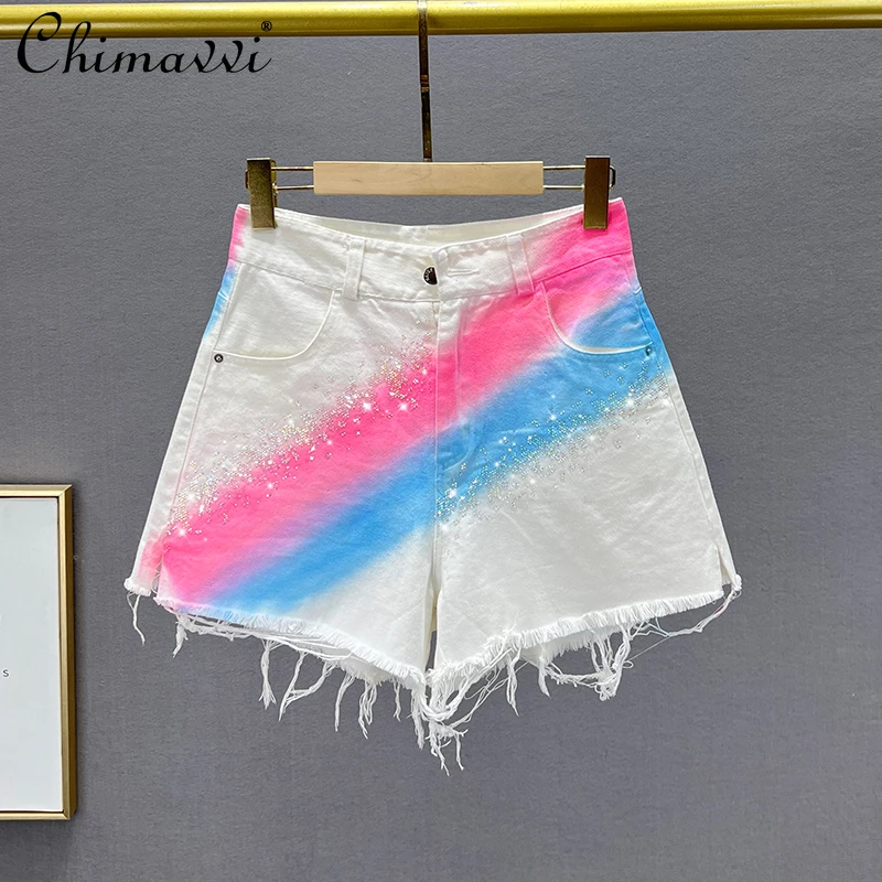 

European New Ladies Fashion High Street Denim Shorts Women's 2022 Summer High Waist Loose Slimming Rhinestone Wide-Leg Hot Pants