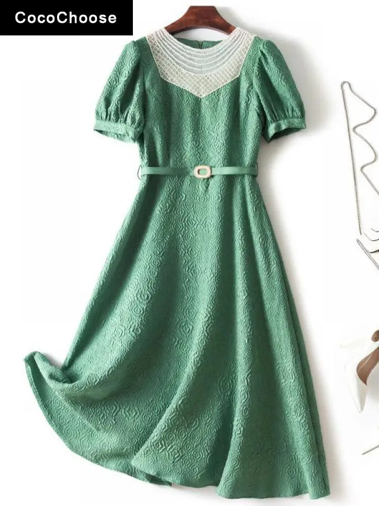 

Elegant Pealrs Beading Dresses Women Luxury 2022 Runway Summer Fashion Short Sleeve Floral Jacquard Belted Midi Dress Green