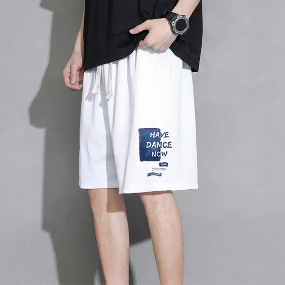 

Summer Men Shorts Mid-rise Elastic Waistband Drawstring Sport Shorts Letter Print Wide Leg Waffle Texture Fitness Shorts