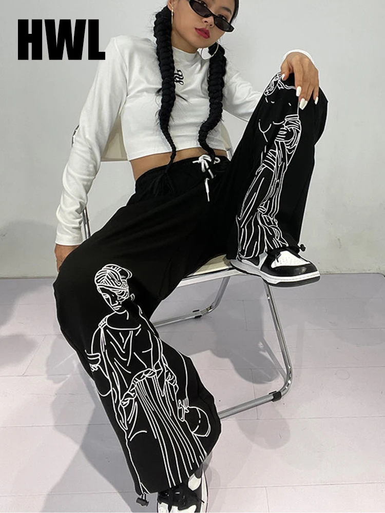 

Черные широкие брюки с принтом женские 2022 хип-хоп уличные повседневные спортивные брюки-карго прямые брюки с высокой талией