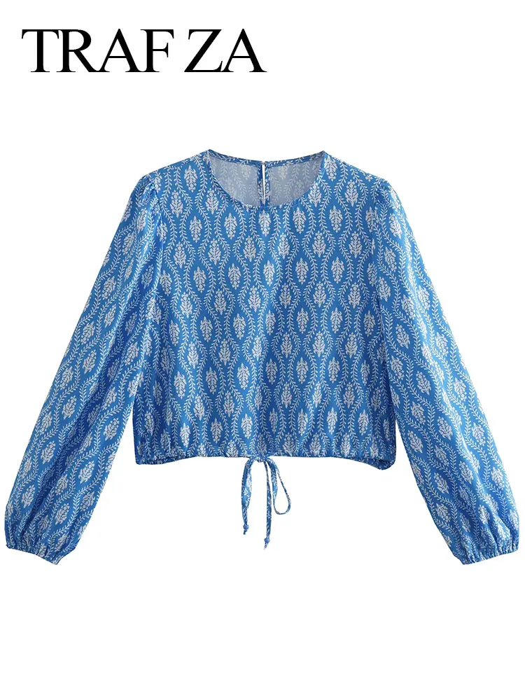 

TRAF ZA Fashion Pullover Shirt Top Women Retro Blue Print Loose Casual Cropped Navel Short Shirt Elegant Long Sleeve Versatile