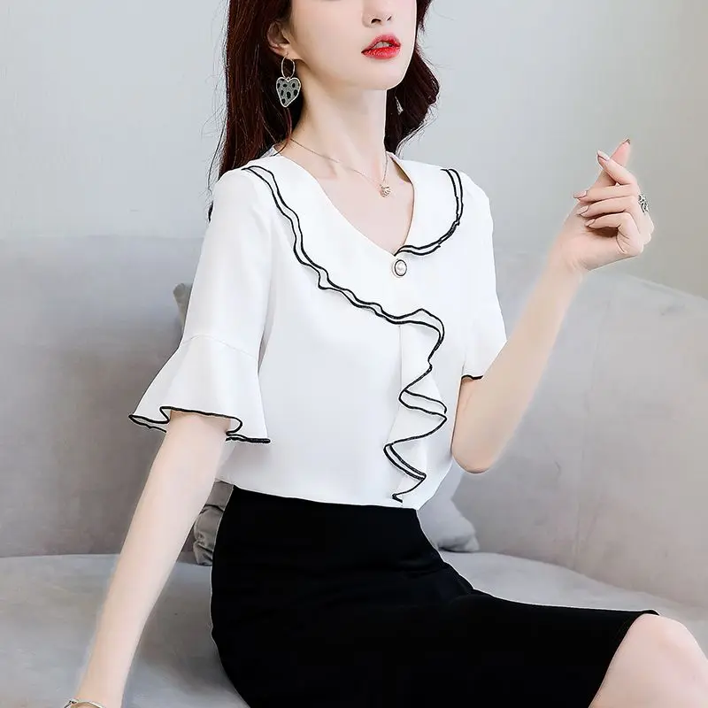 Summer Ruffles Korean Fashion Short Sleeve Blouse Ladies Elegant Solid Simple Sweet Chiffon Shirt Women All-match Top Female enlarge