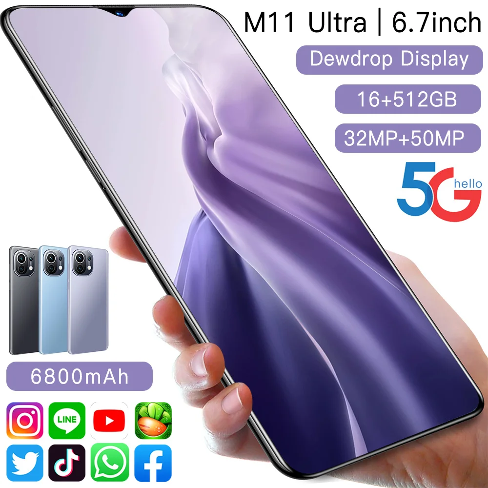 

SmartPhone M11 Ultra 6.7 Inch HD Screen 16G+1T Cell Dual Sim Unlocked Android Mobile Phones 32MP+50MP Camera 5G Celulares