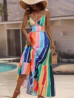 summer sexy long dress women fashion ruffle big hem holiday beach sundress casual hollow striped rainbow strap dresses 2022 new