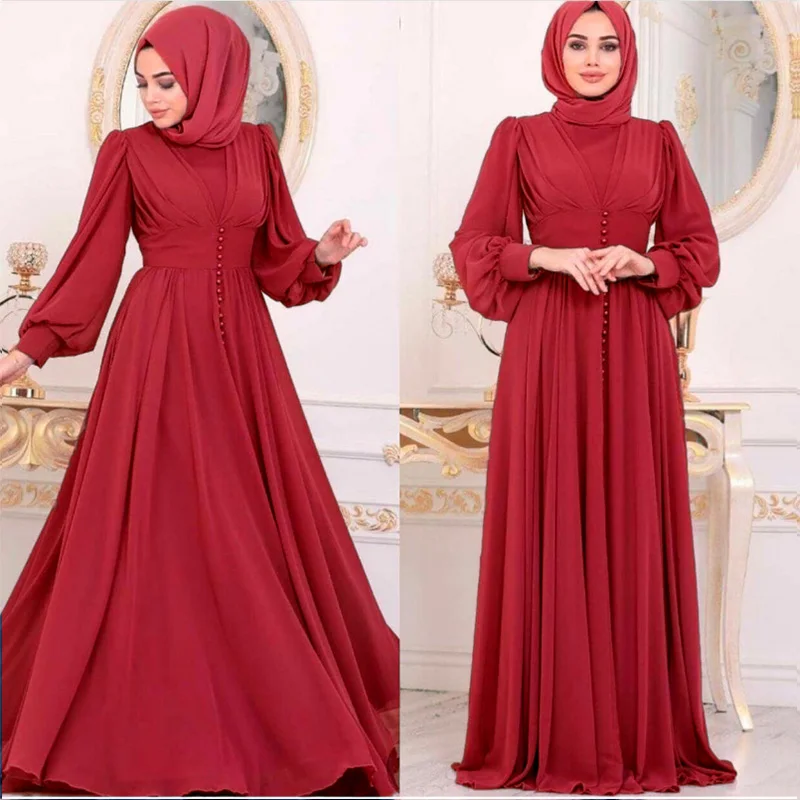 2022 Middle East Muslim Womens Long Dress Solid Color Large Size Chiffon Studded A-line Abayas for Women Islamic Clothing