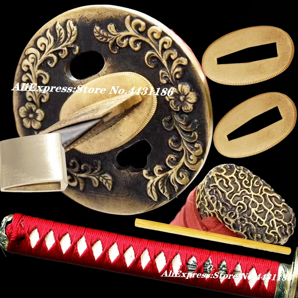 Красный Ito Katana/Wakizashi Tsuka японский меч Защитная латунная фурнитура Tsuba + Menuki Fuchi