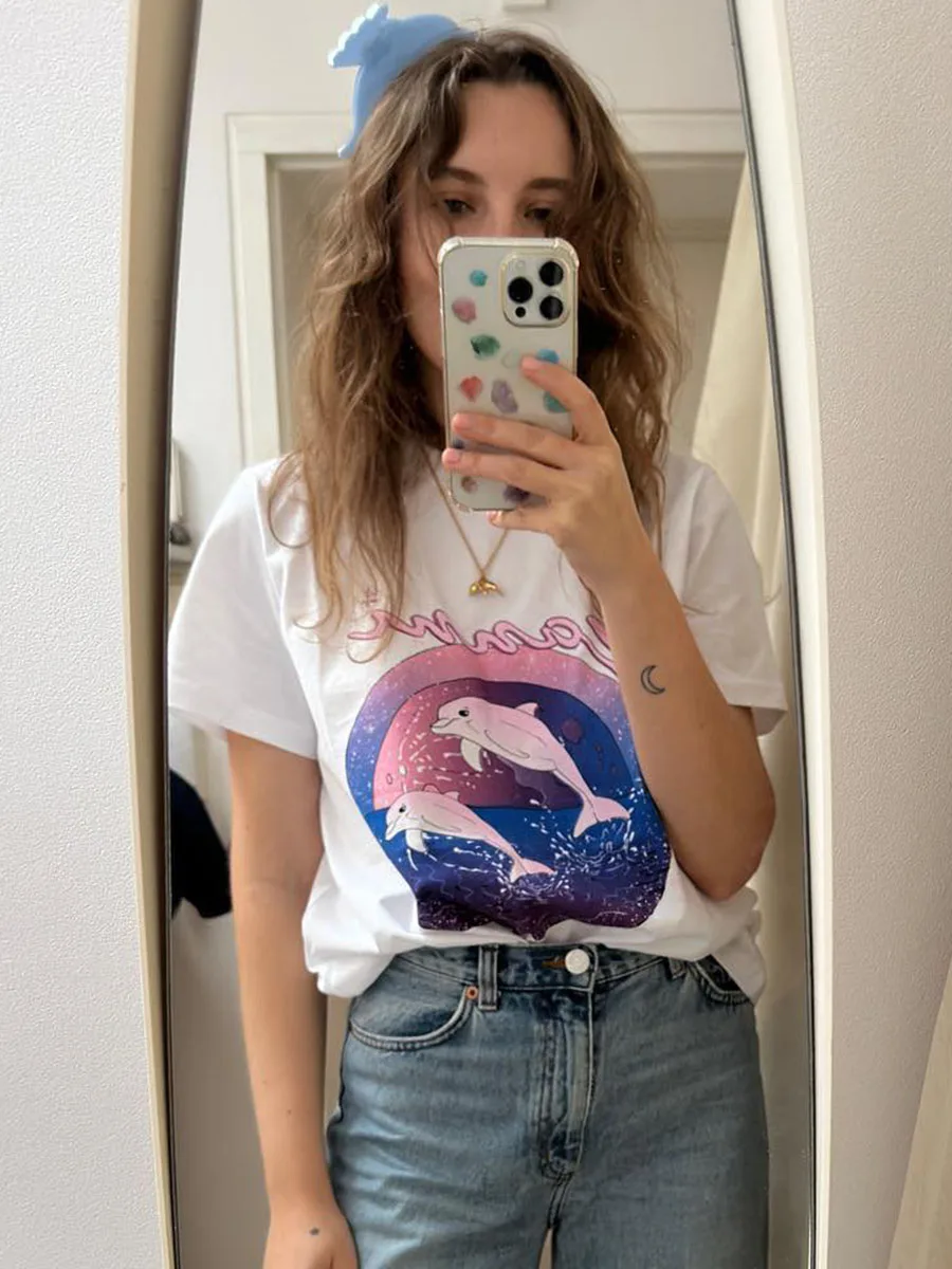 

Animal Letter Graphic T-shirt Women 2023 Summer Cotton Round Neck Short Sleeve Tee Shirt Female Vintage Casual Tshirts Chic