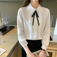 women blouses shirts chiffon shirt embroidered ruffle bow long sleeve cardigan female button up blouses ladies tops 176j