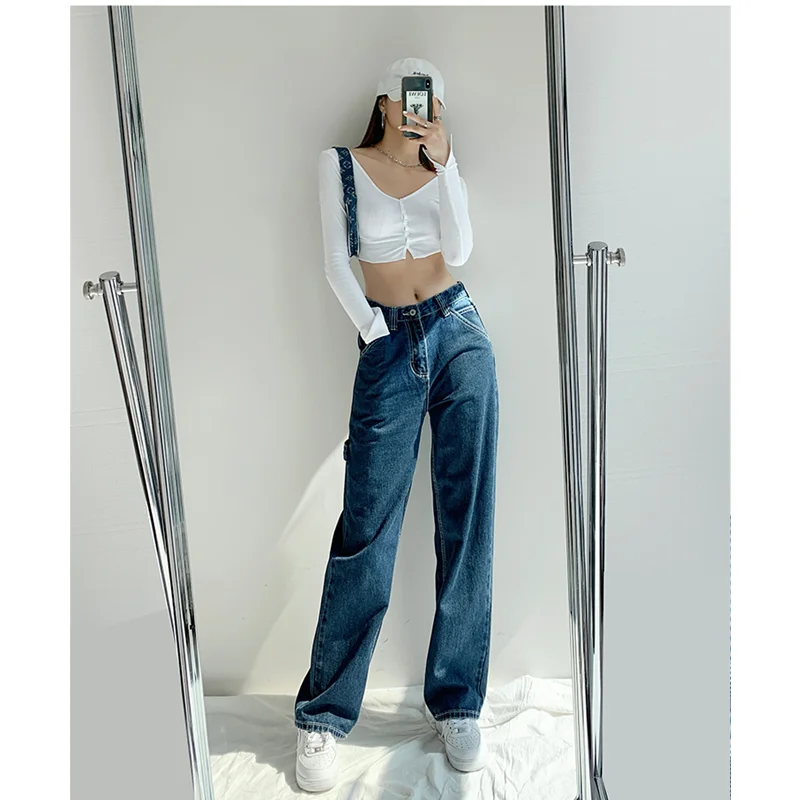 

European American High Street Blogger's Same Style High Waist Jeans Women Versatile Loose Straight Pants Wide Leg Mop Pants 2023