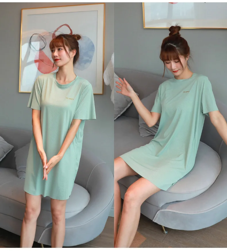 Summer Solid Basic Night Dress Women Short Sleeve Nightgown Causal Loose Good Elastic Sleepshirts Nightdress Sexy Sleepwear