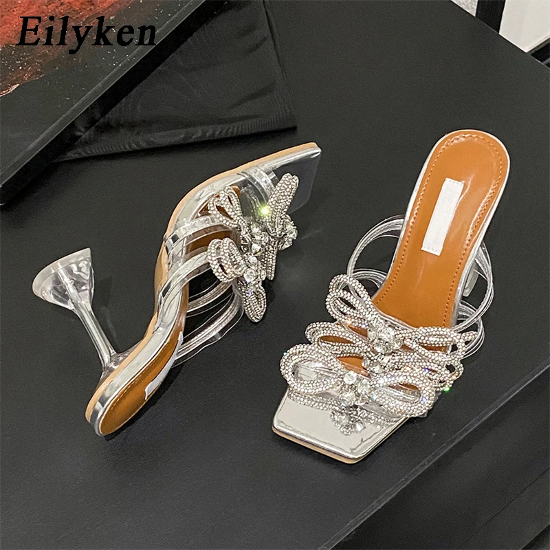 

Eilyken Silver Transparent Women Slippers 2024 Summer Fashion CRYSTAL Butterfly-Knot Clear High Heels Sandals Female Shoes