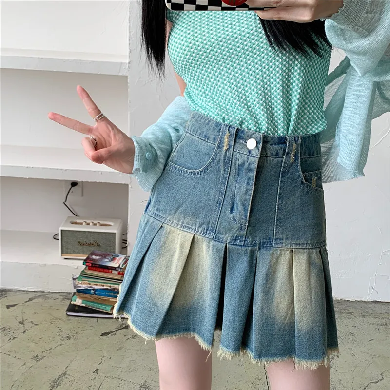 

SuperAen 2022 Summer Retro A Line Short High Waist Slim Casual Pleated Denim Skirts Womens