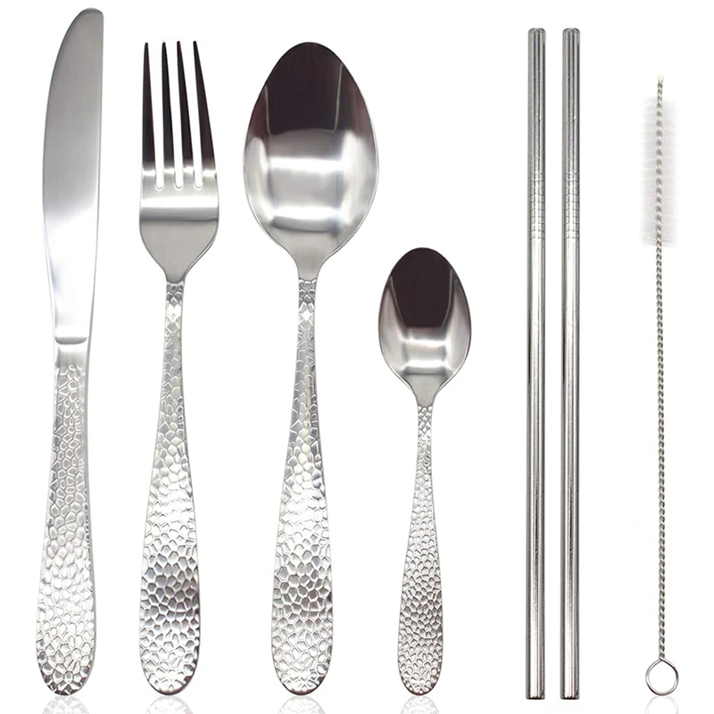 

Cutlery Set, 19-Piece Stainless Steel Flatware Set Service For 4 With Spoon, Knife, Fork, Straws And Cleaning