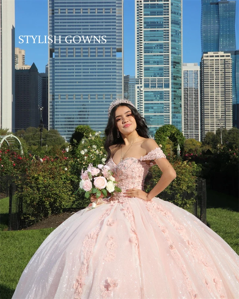 

Charming Pink Off The Shoulder Ball Gown Quinceanera Dress Beaded Appliques Birthday Prom Dresses For Girl Graduation Vestido De