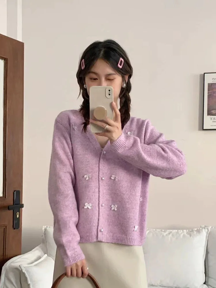 Женский Милый Кардиган Zoki С Бантом V-образным Вырезом Вязаный Свитер