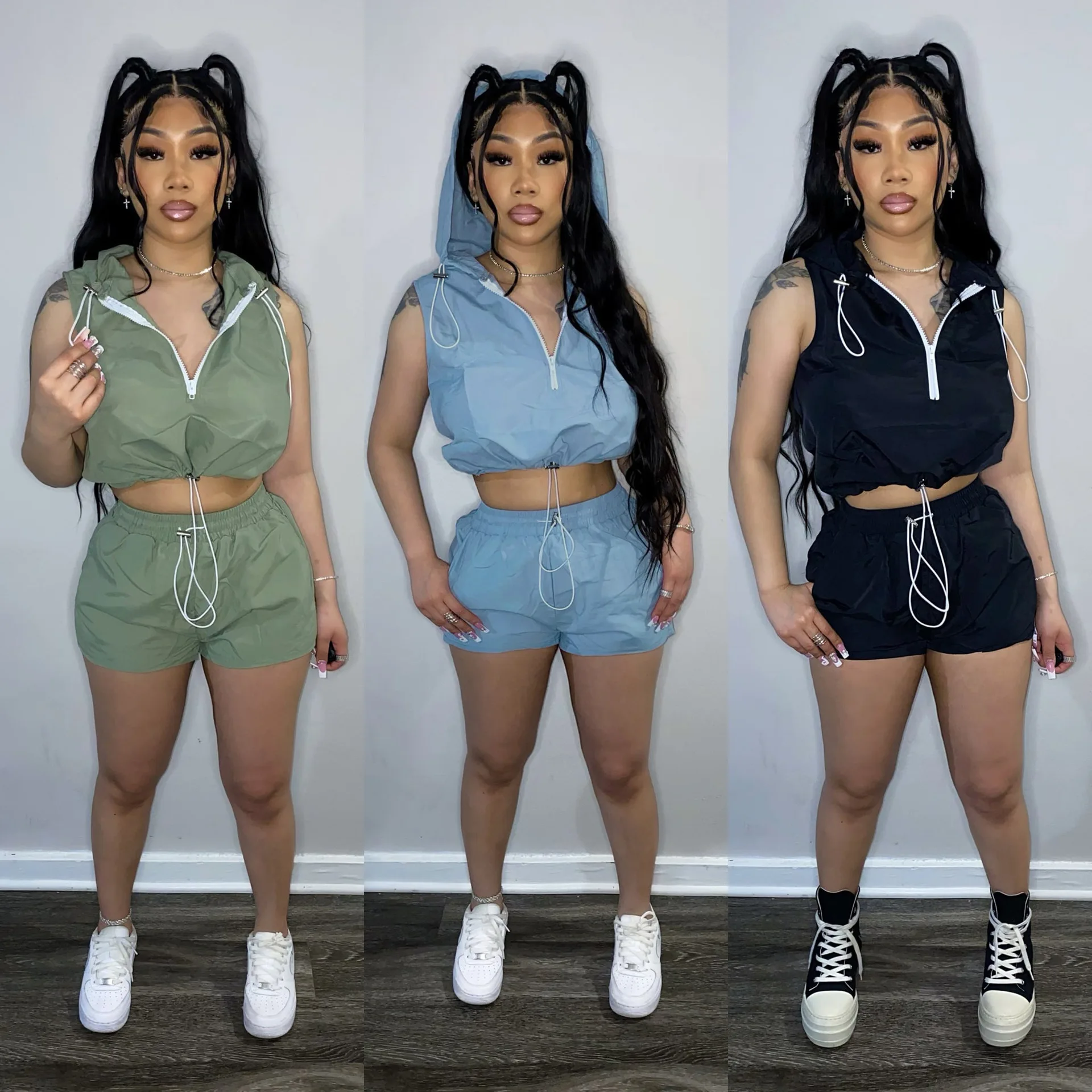 

Aniow Zipper Hoodies Sleeveless Crop Top Shorts Set Tracksuit Sportwear Women Clothing Summer Party Club Outfits 2022 Solid