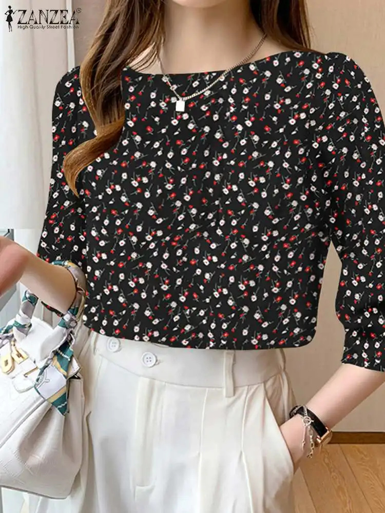 

Stylish Women 3/4 Sleeve Work Blouse ZANZEA Summer Bohemian Floral Printed Shirt Casual Holiday Tops Elegant Work Blusas Chemise