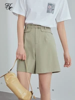 fsle high waist summer casaul shorts women belt pleated wide leg black shorts office lady elegant green short pants female
