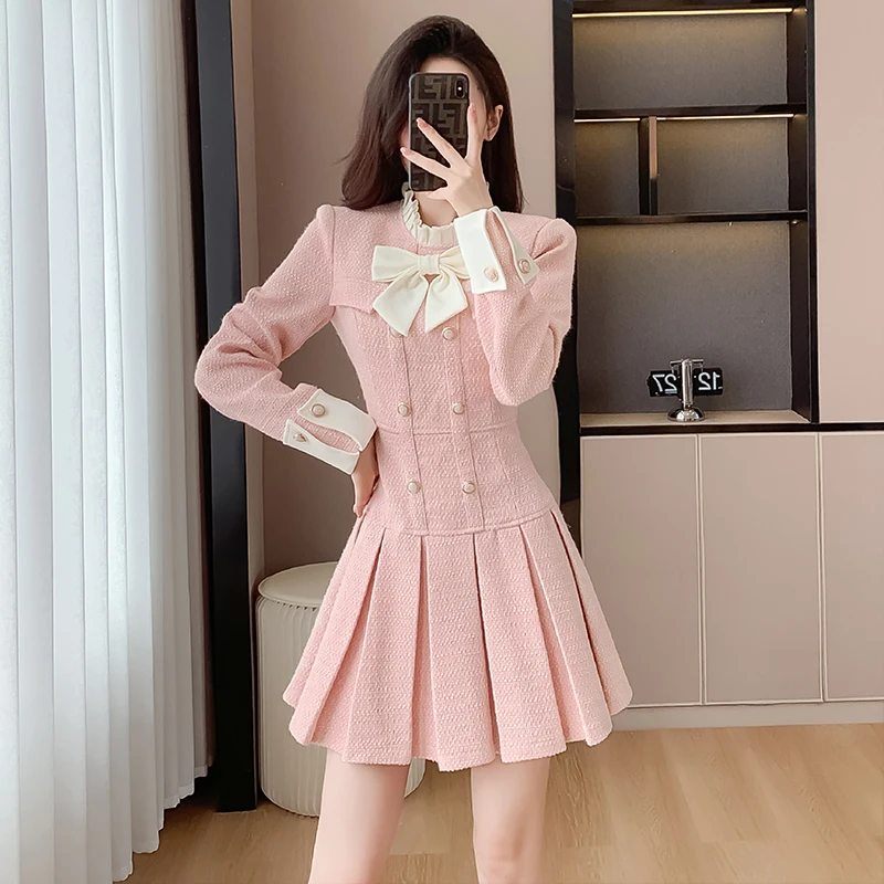 

2024 Spring New Luxury Style Tweed Short Dress Women's Round Neck Long Sleeve Bow Mini Pleated Woolen Dresses