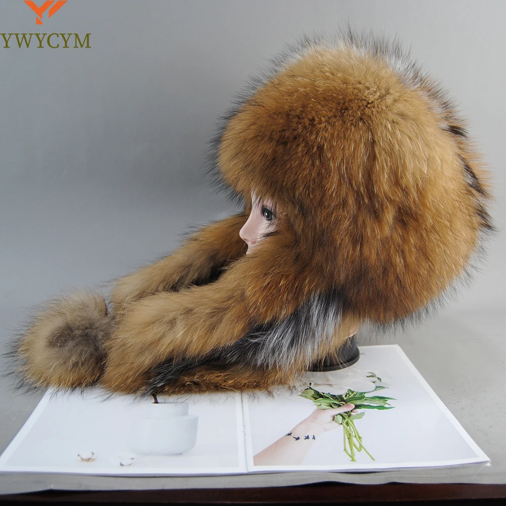 New Winter Thick Warm Ears Fashion Bomber Cap Black New Arrival Fur Hat for Women Natural Raccoon Fox Fur Russian Ushanka Hats