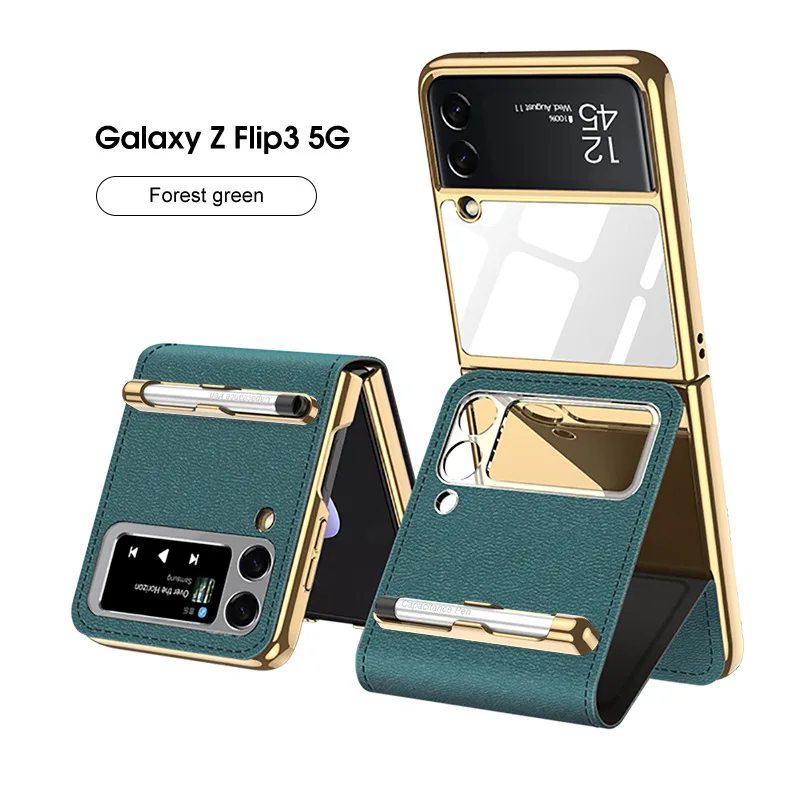 

For Samsung Z Flip 3 Leather Magnetic Bracket Case with Stylus Galaxy Z Flip3 F7110 All-inclusive Shell Zflip 3 Anti-fall Shell