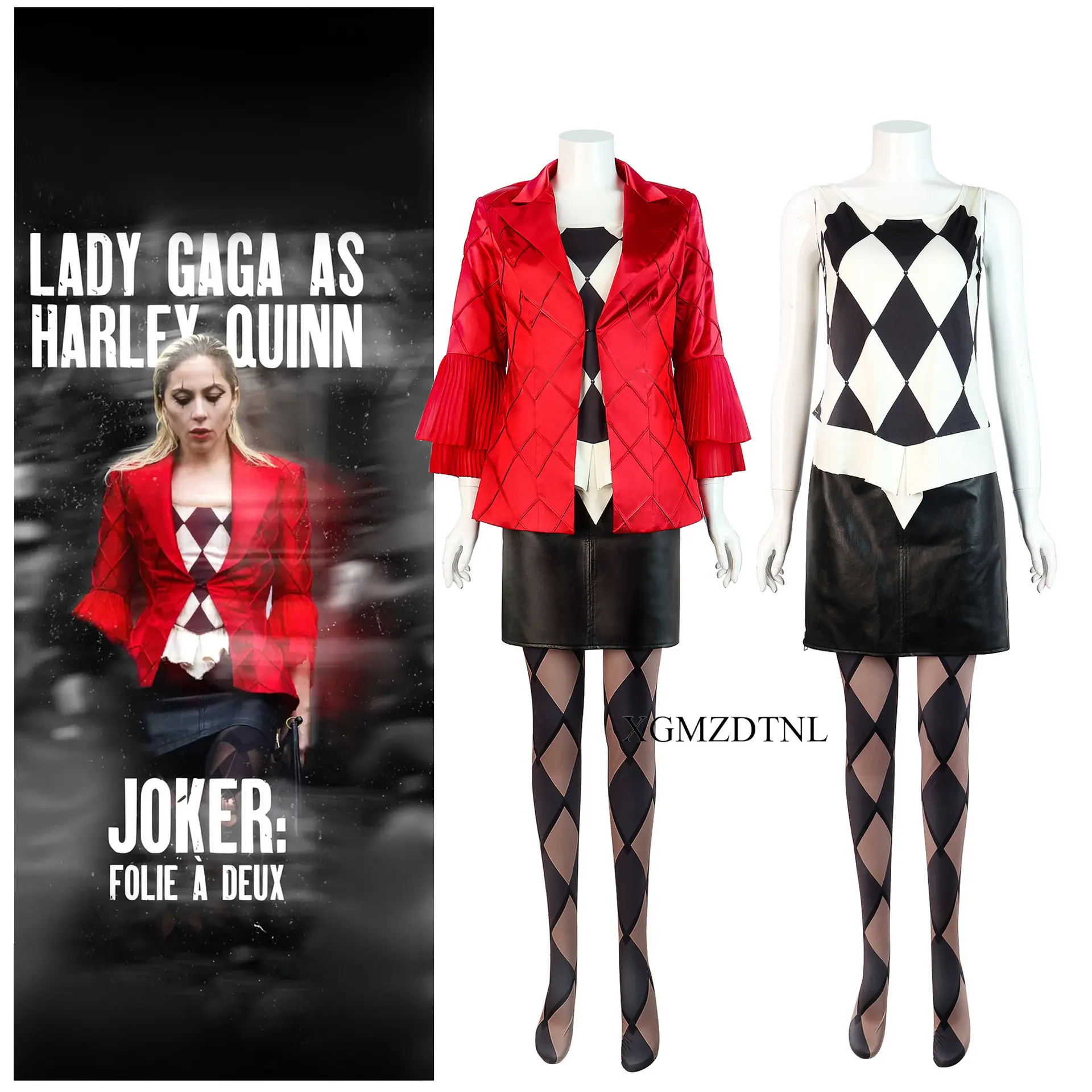 

Ladygaga Quinn Clown Cosplay Costume Joker 2 Folie A Deux Red Suit Skirt Halloween Carnival Roleplay Party Dress