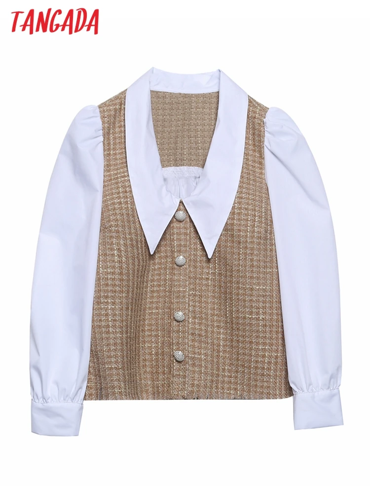 

Tangada Women Retro Tweed Patchwork Crop Shirt Peter Pan Collar 2022 Chic Female Shirt Tops 6H40