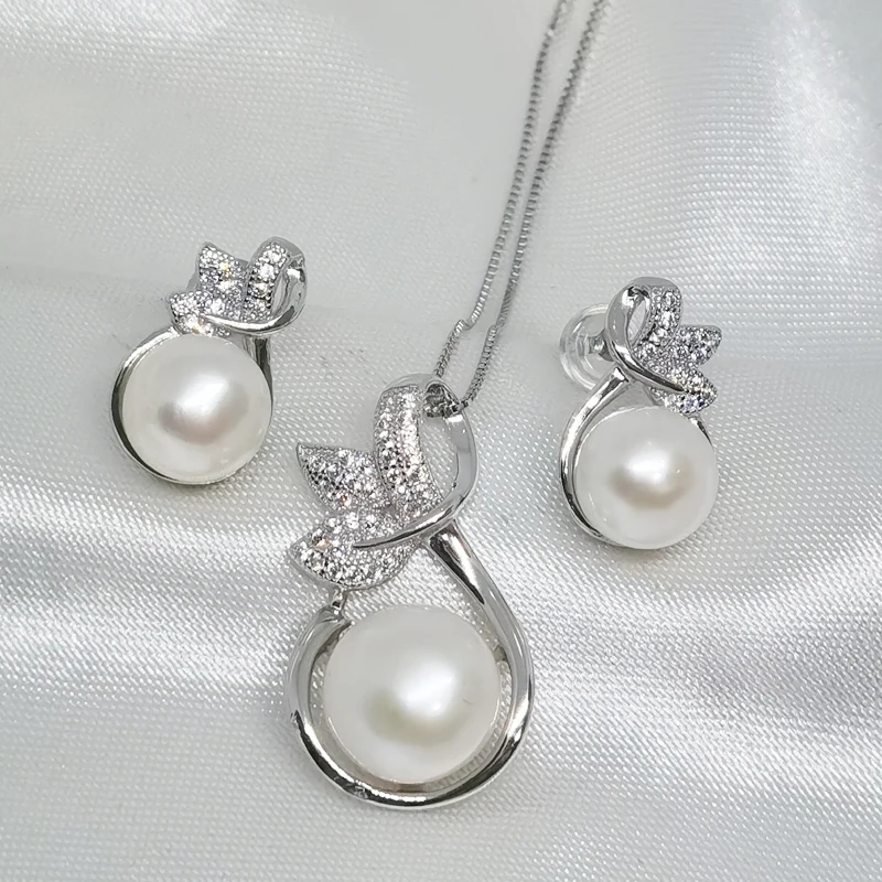 

MeiBaPJ 100% Real 925 Sterling Silver Flower Natural Freshwater Pearl Jewelry Set Pendant EarringsFine Wedding for Women