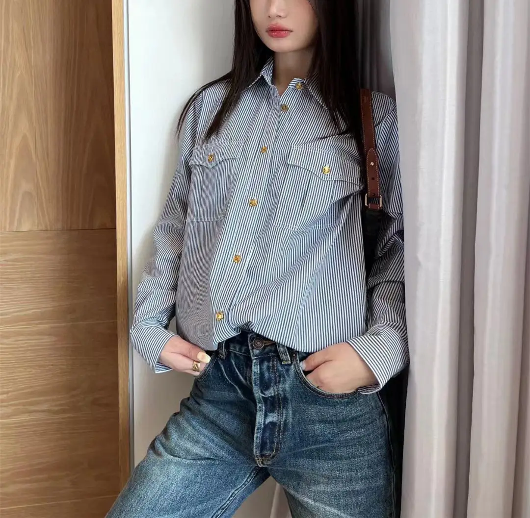 

Женская Полосатая Рубашка с длинным рукавом и пуговицами