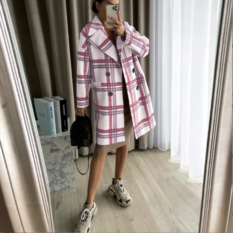 

Fall Winter Elegant Tweed Jackets Vintage Plaid Print Long Sleeve Loose Midi Coats Women Fashion Lapel Double-breasted Outerwear