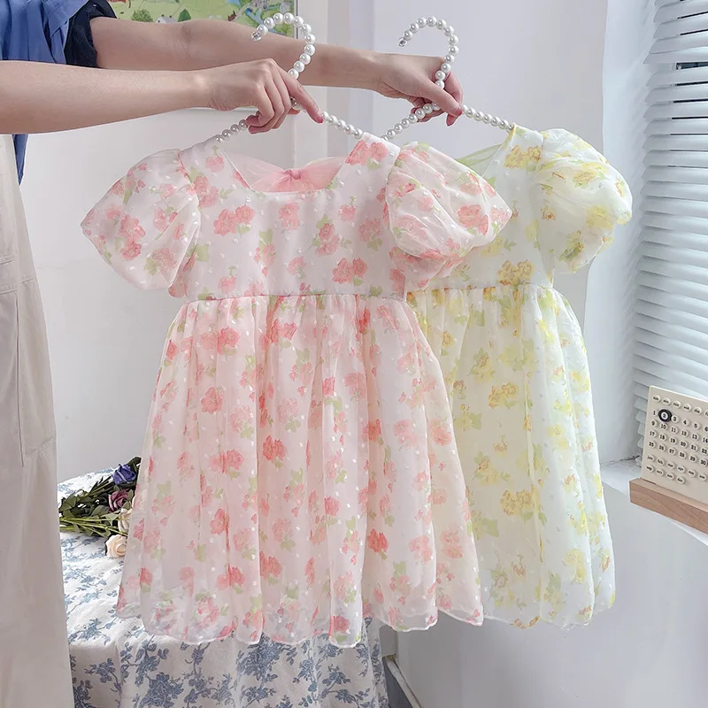 Летнее платье для девочек с цветочным принтом новинка 2024 стильное принцессы в
