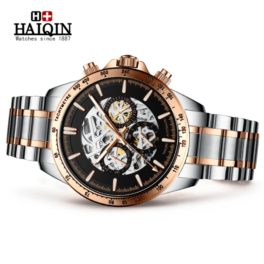 

HAIQIN DESIGN Skeleton Mechanical Watches For Men Automatic Wristwatch Mens Watches Top Brand Luxury Stainless Steel Watch Men