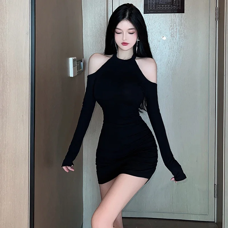 Осеннее женское платье с висячим вырезом без бретелек и длинными рукавами