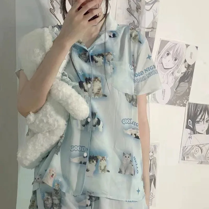 Пижамный комплект Женский Летний из 2 предметов Мягкая атласная пижама с принтом