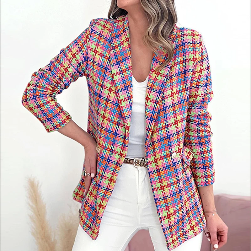 

Women Office Fashion Double Breasted Collar Coat Elegant Casual Outerwear Autumn Plaid Print Lapel Long Sleeve Slim Fit Blazer
