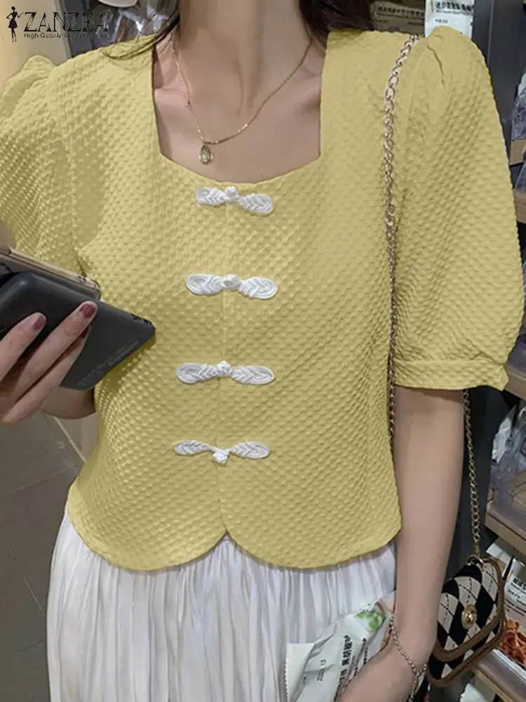 

Модные женские блузки с квадратным вырезом ZANZEA с короткими рукавами-фонариками Милая рубашка 2022 Летние Женские приталенные текстурированн...