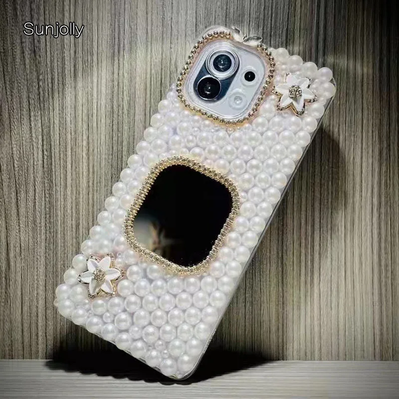 

Sunjolly Mirror Pearl Case for Samsung Galaxy M31S Note 21 Ultra 10 Plus 9 8 S22U Pro Rhinestone Phone Case Cover coque fundas