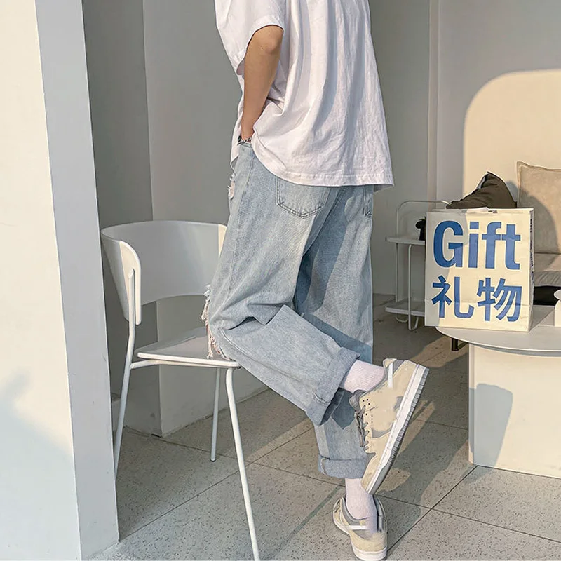 Light Blue Hole Jeans for Men Summer Fashion Casual Trousers Thin Loose Pants Bottoms Vintage Male Cloting Streetwear Plus Size