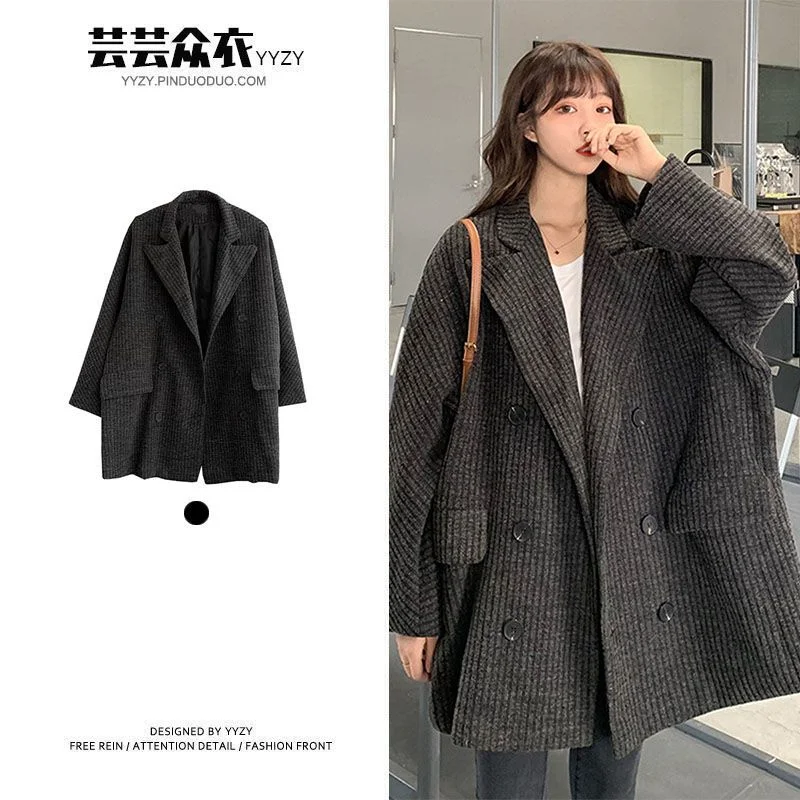 

Coat Women Wool Coat New Coat Leisure Black Tidal Current Korean Version Mid-length Model Port Wind Retro Lax Overcoa Knit