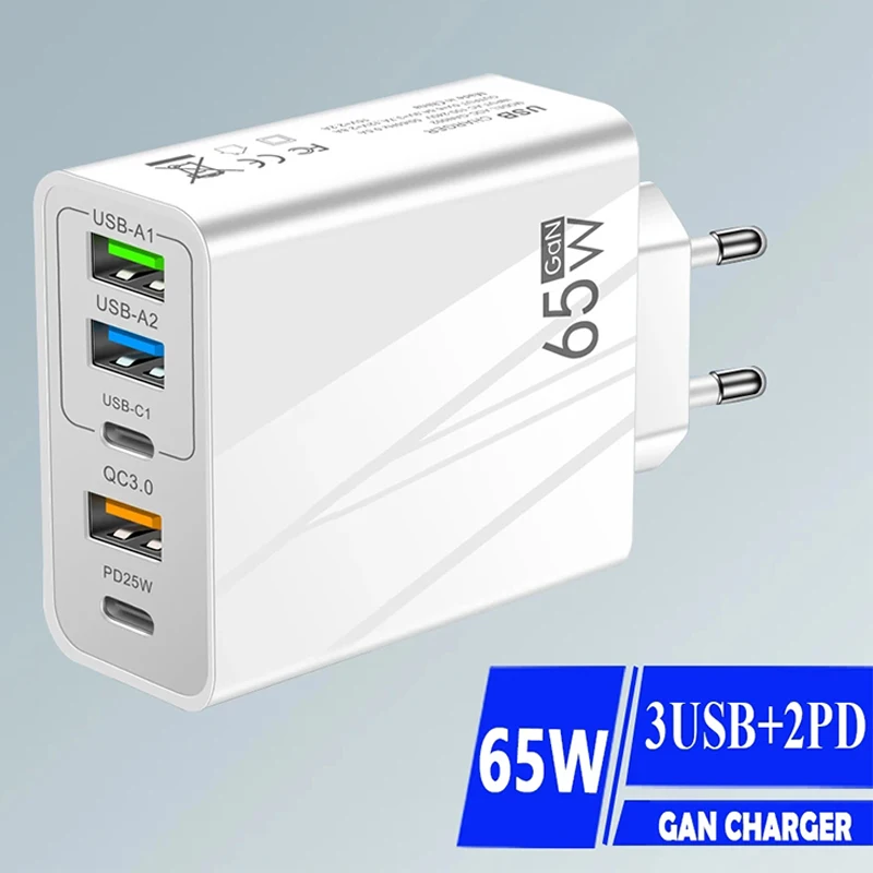 65W USB Charger 5 Ports Type C Fast Charging QC3.0 Power Adapter For iPhone 15 Samsung Xiaomi Quick Charge Wall Chargers