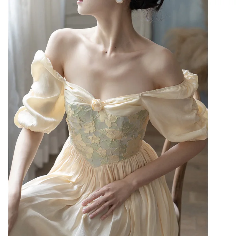 

Off the Shoulder Satin Maxi Dresses for Women Summer Strapless Vintage Jacquard French Sundress Elegant Lady Casual Party Dress