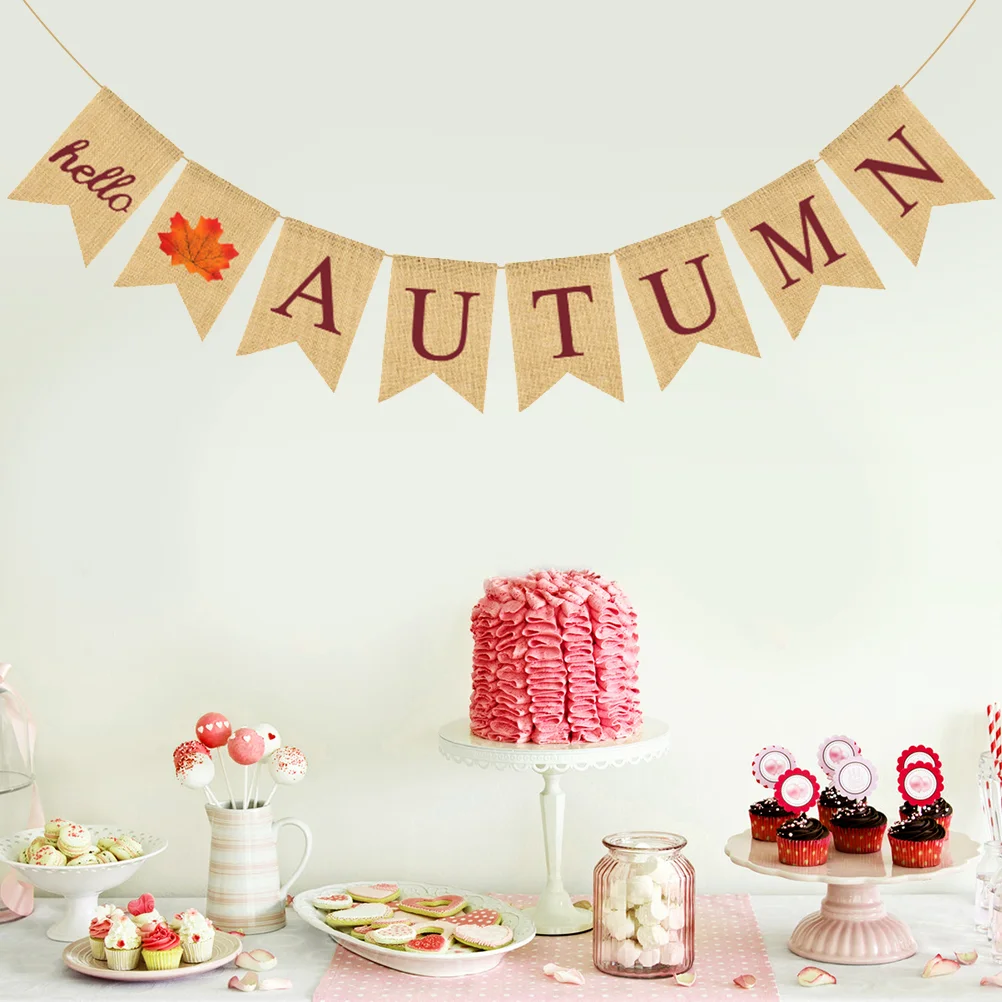

Fall Banner Maple Leaves Linen Thanksgiving Banner Swallowtail Party Flag Garland Supplies for Festival Autumm