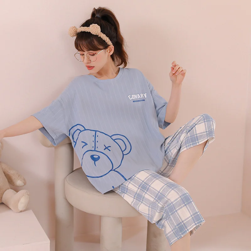 Pajamas women's summer new cotton net red new short sleeved Capris cute students can wear home clothes suit
